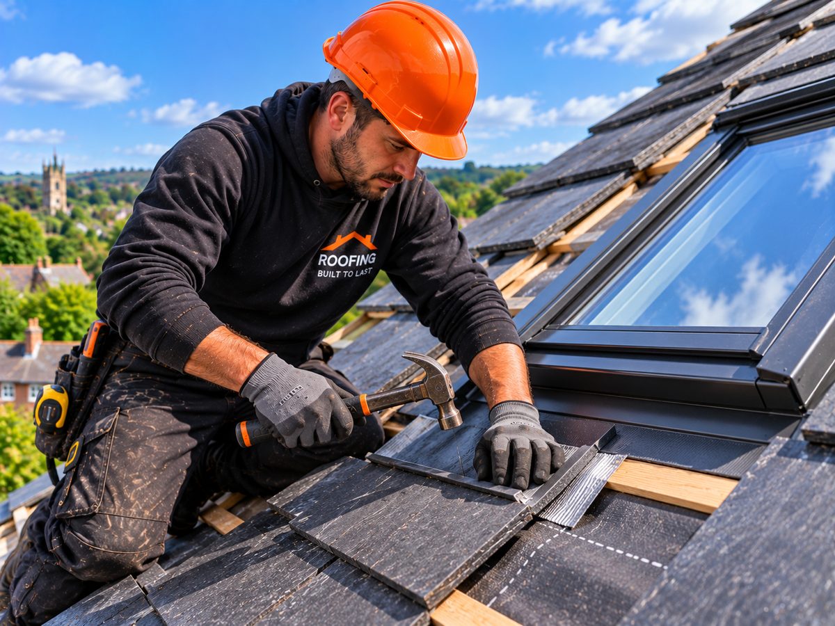 The Roofline team in navy workwear and orange hard hats beside their van on a Barnsley street, house roofs behind (use a real team photo when available)