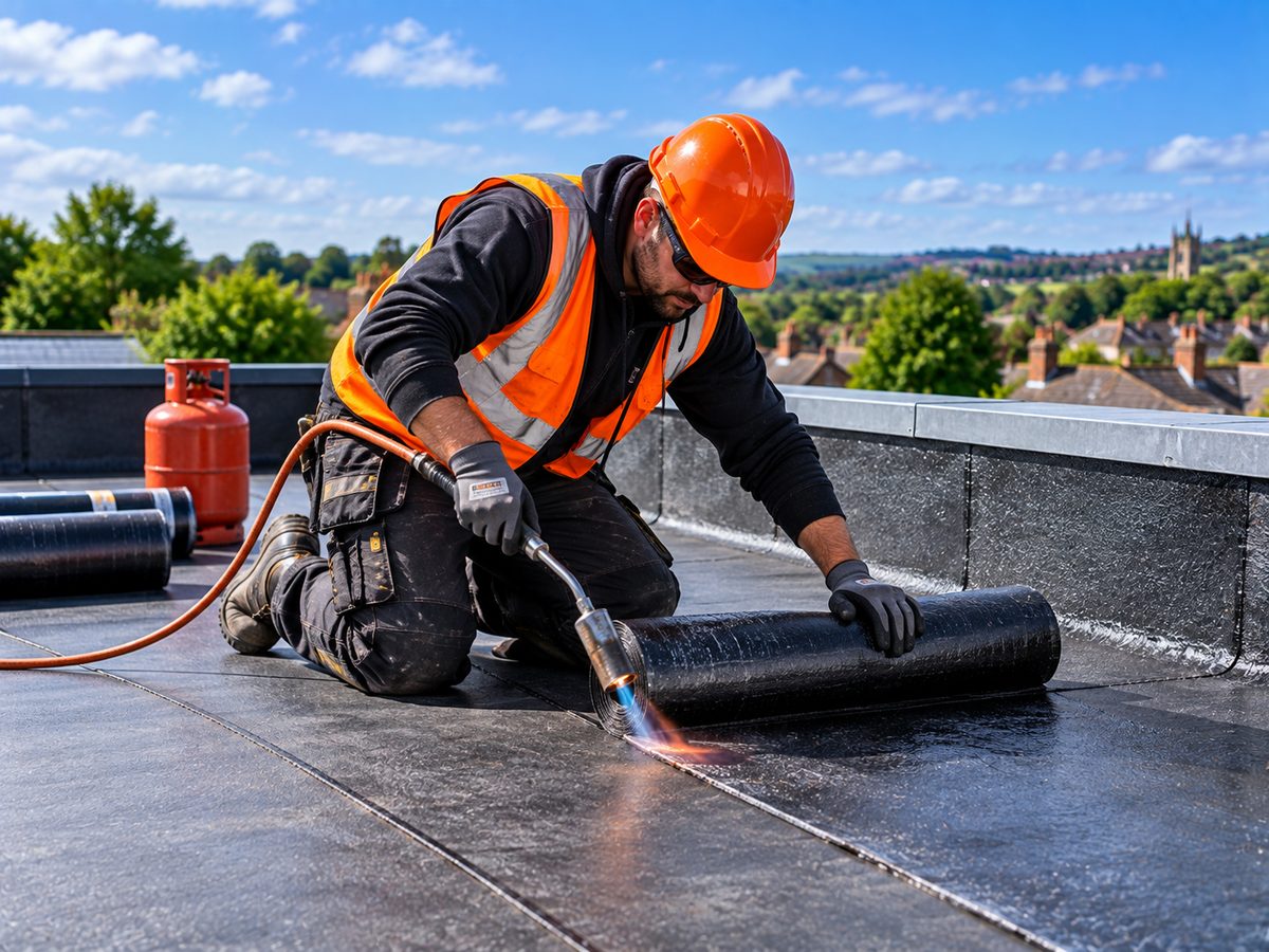 Roofer repairing a rooflight on a commercial unit in Barnsley