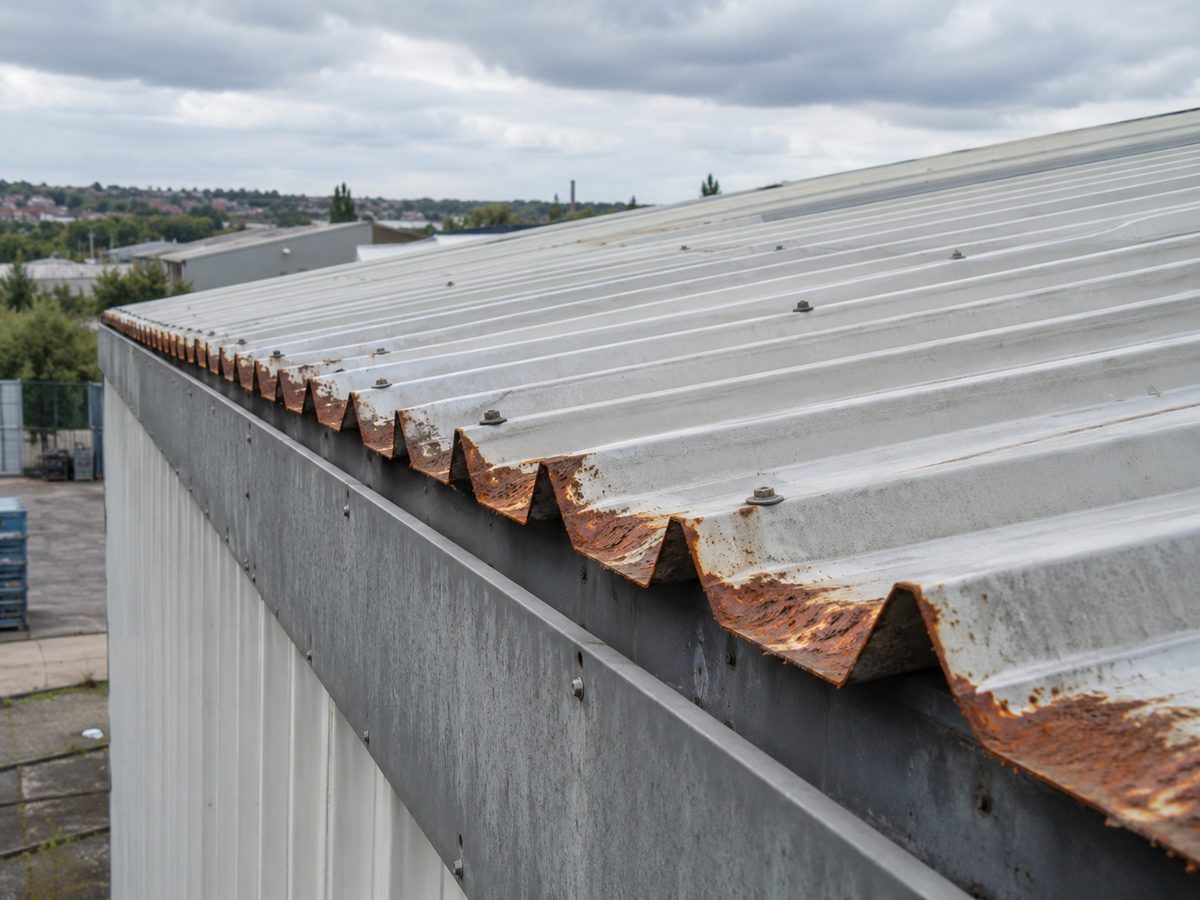 Corroded cut edges on a profiled steel roof before treatment