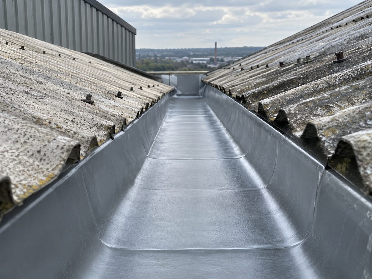 Valley gutter on an industrial roof being lined with a seamless system