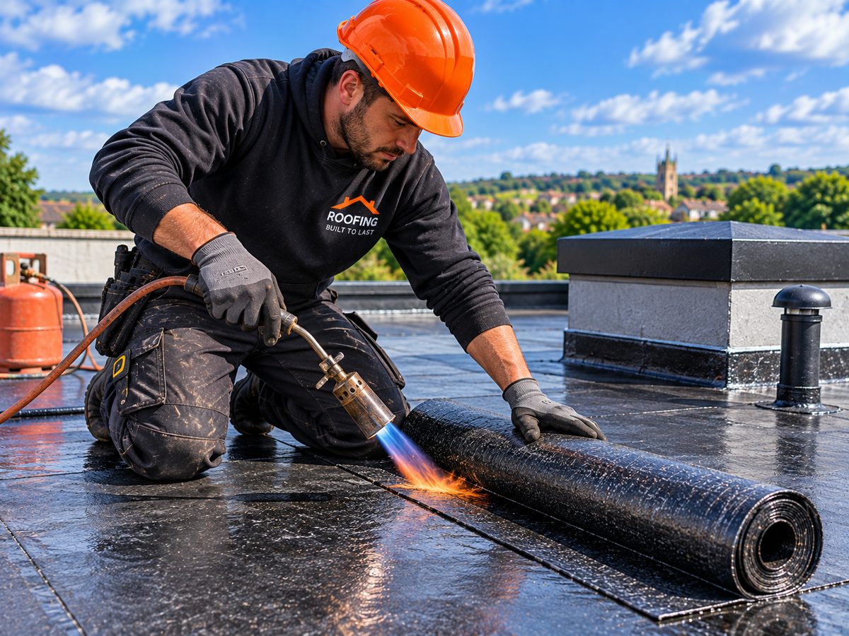 Roofers working on the roof of a steel-framed industrial unit in Barnsley, safety netting and edge protection visible