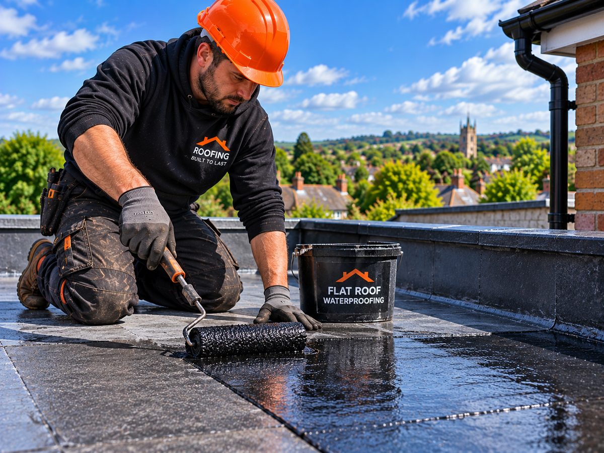 Liquid PU membrane being applied around rooflight details on a flat roof