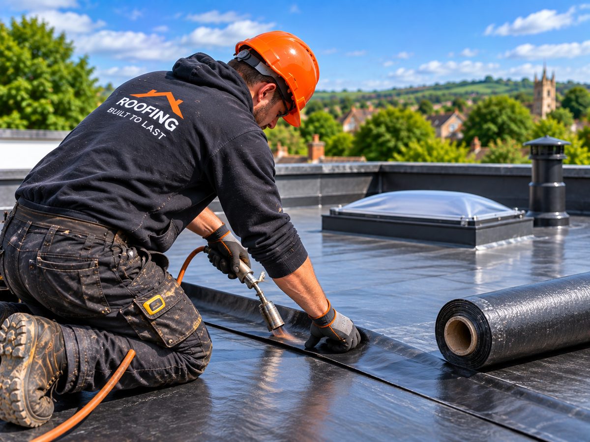TPO single-ply membrane being welded on a commercial flat roof