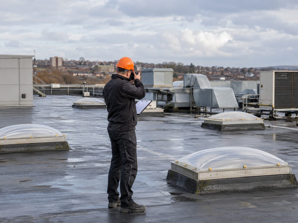 Roofer with a clipboard and camera surveying a large commercial flat roof in Barnsley, rooflights and plant visible