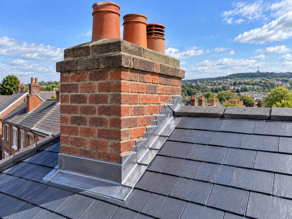 Rebuilt red-brick chimney stack with new lead flashings and clay pots on a slate terrace roof