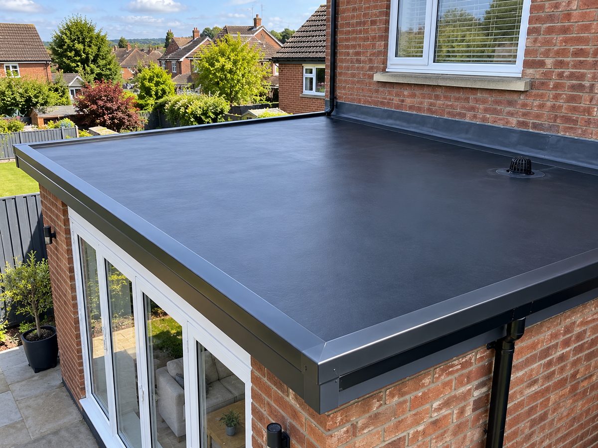 New black EPDM rubber flat roof on a single-storey rear extension, clean trims and outlet, seen from above
