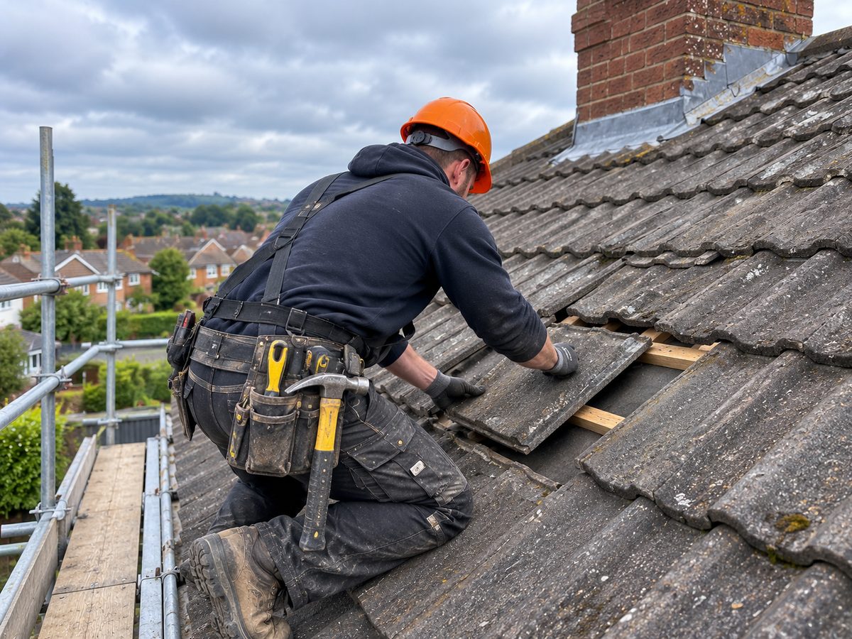 Roofer on a scaffold replacing a slipped grey tile on a 1950s Barnsley semi, tool belt, overcast sky