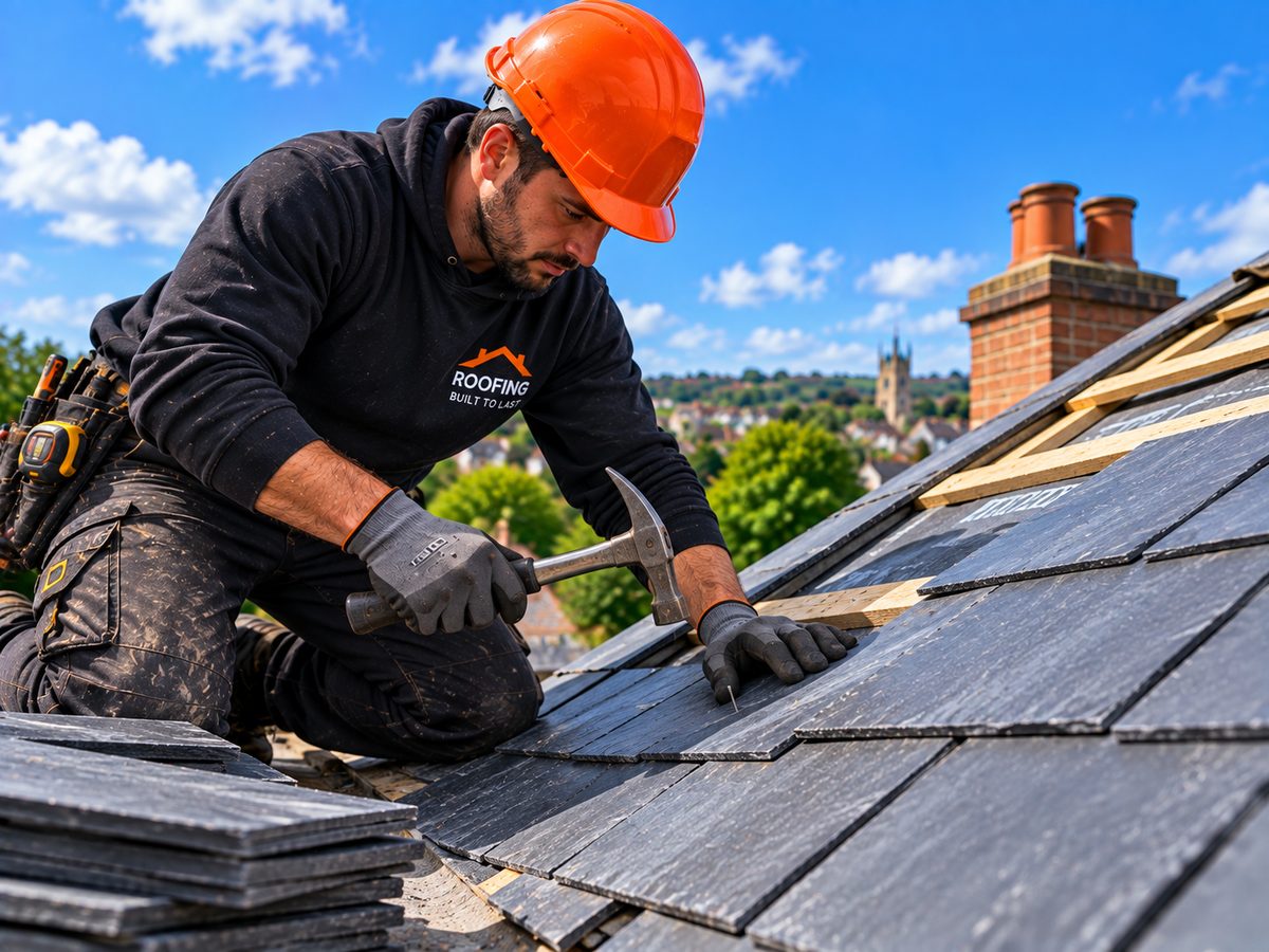 Re-slated Victorian terrace roof in blue-grey Welsh slate with a new lead valley and chimney