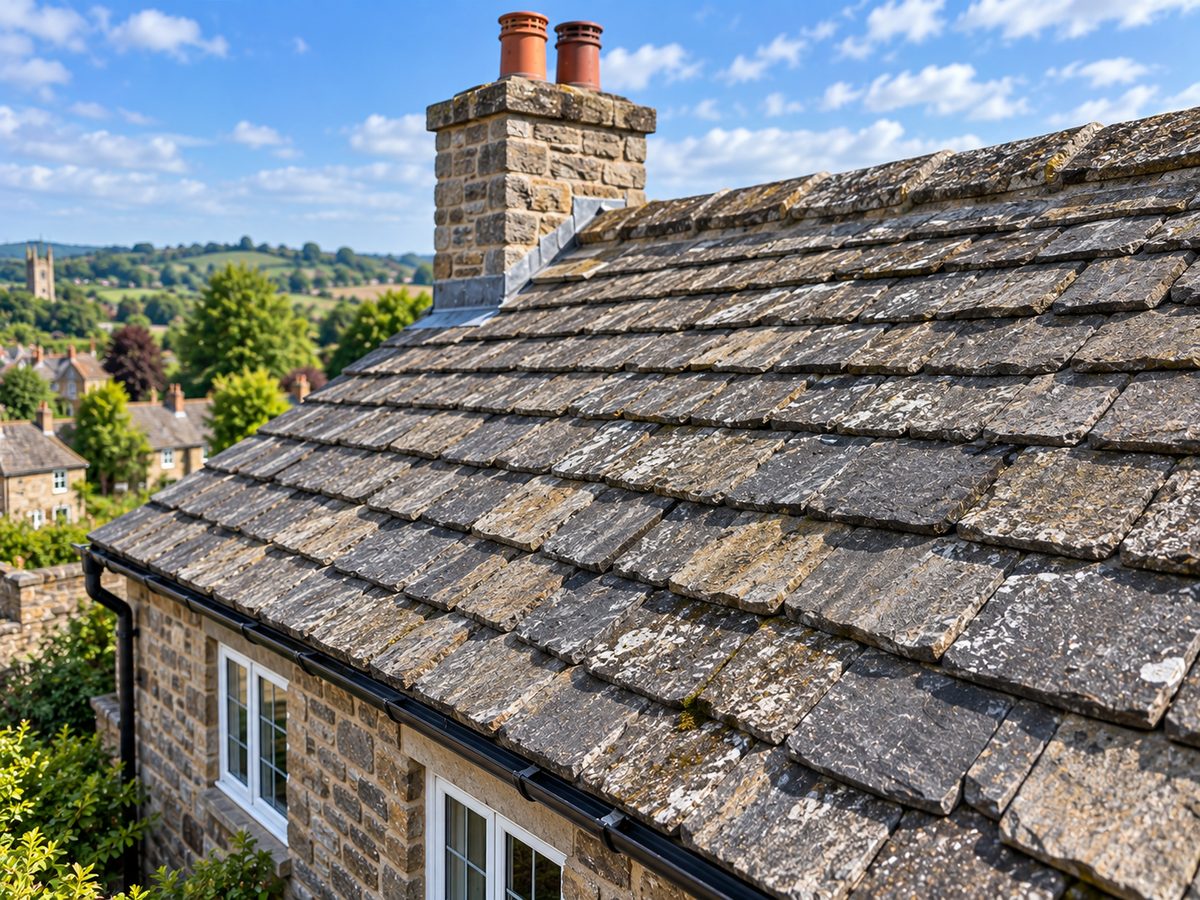 Graduated Yorkshire stone slate roof on a sandstone Penistone farmhouse, Pennine hills behind